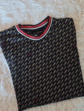 Fendi Men Black Logo Tee with Red and White Trim